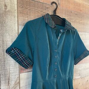 Hell Bunny Green Fit & Flare Dress Plaid Trim Pockets UK 10 / S